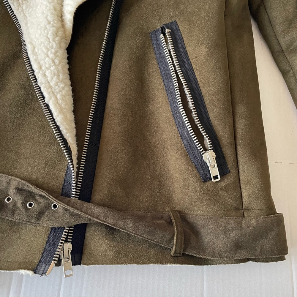 J.O.A. Olive Bomber Jacket withShearling Collar Faux Suede Sherpa Moto Cabincore - Picture 11 of 14
